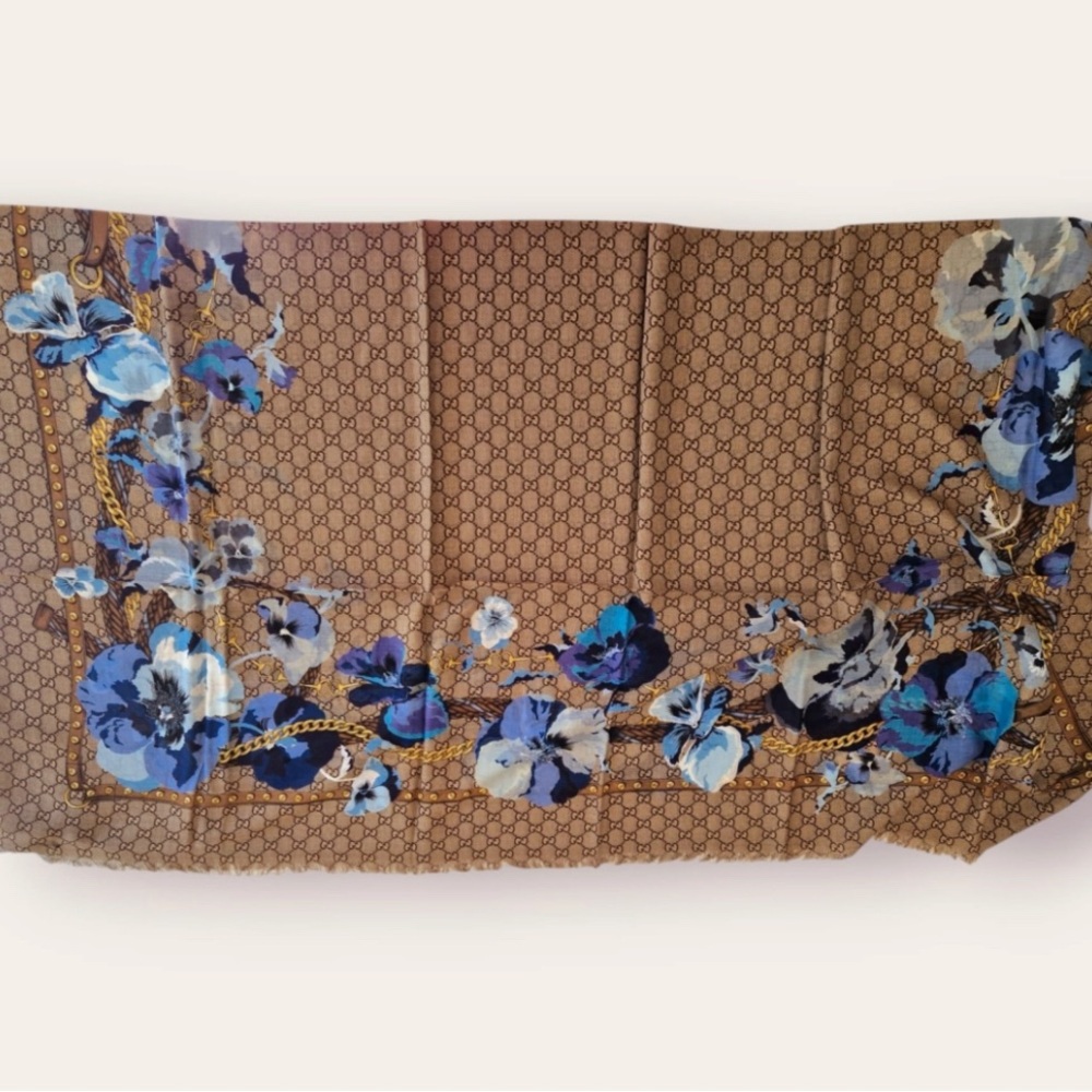 Gucci Oshibana Brown and Blue Floral Scarf